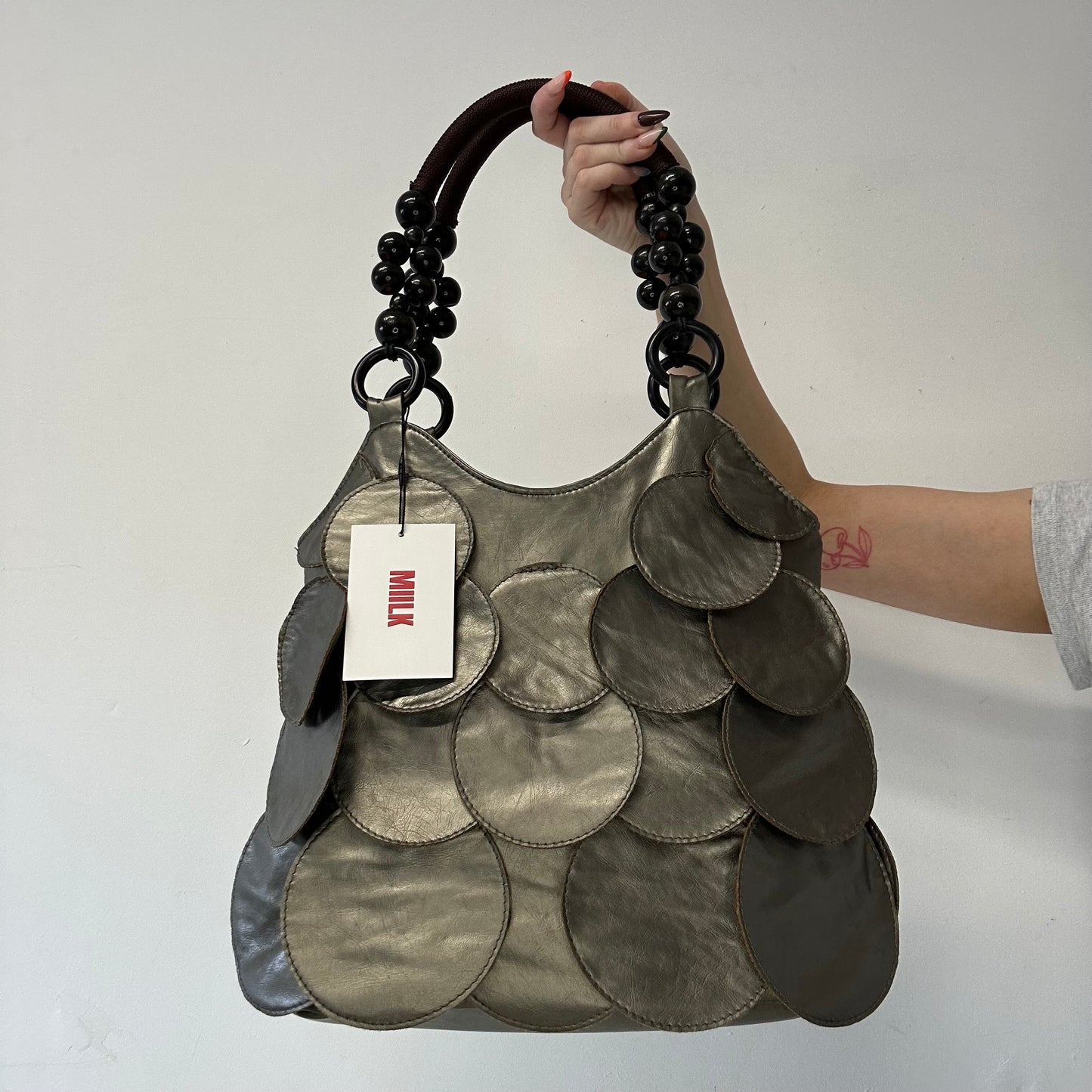 grey metallic faux leather disc beaded shoulder bag