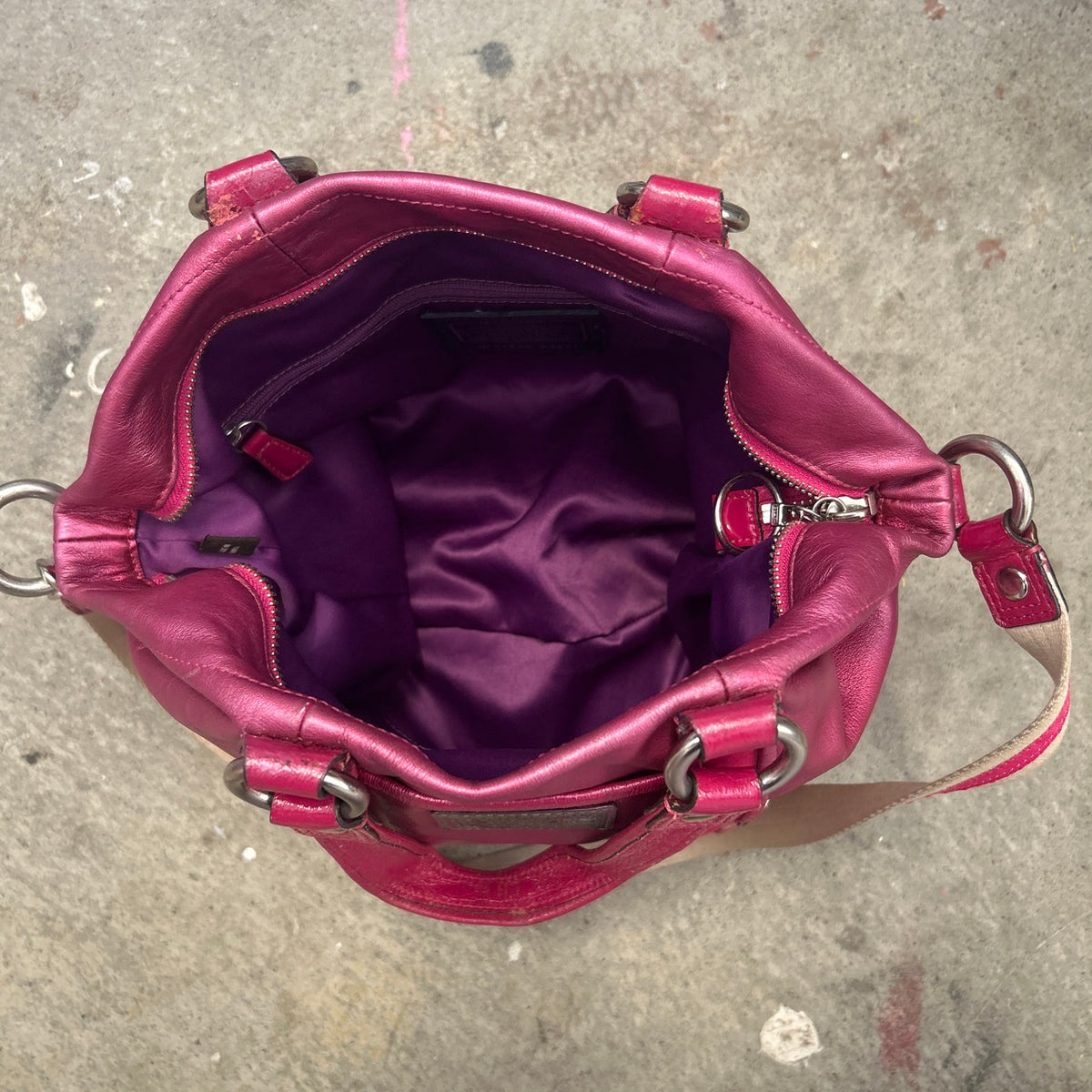 hot pink metallic shoulder bag
