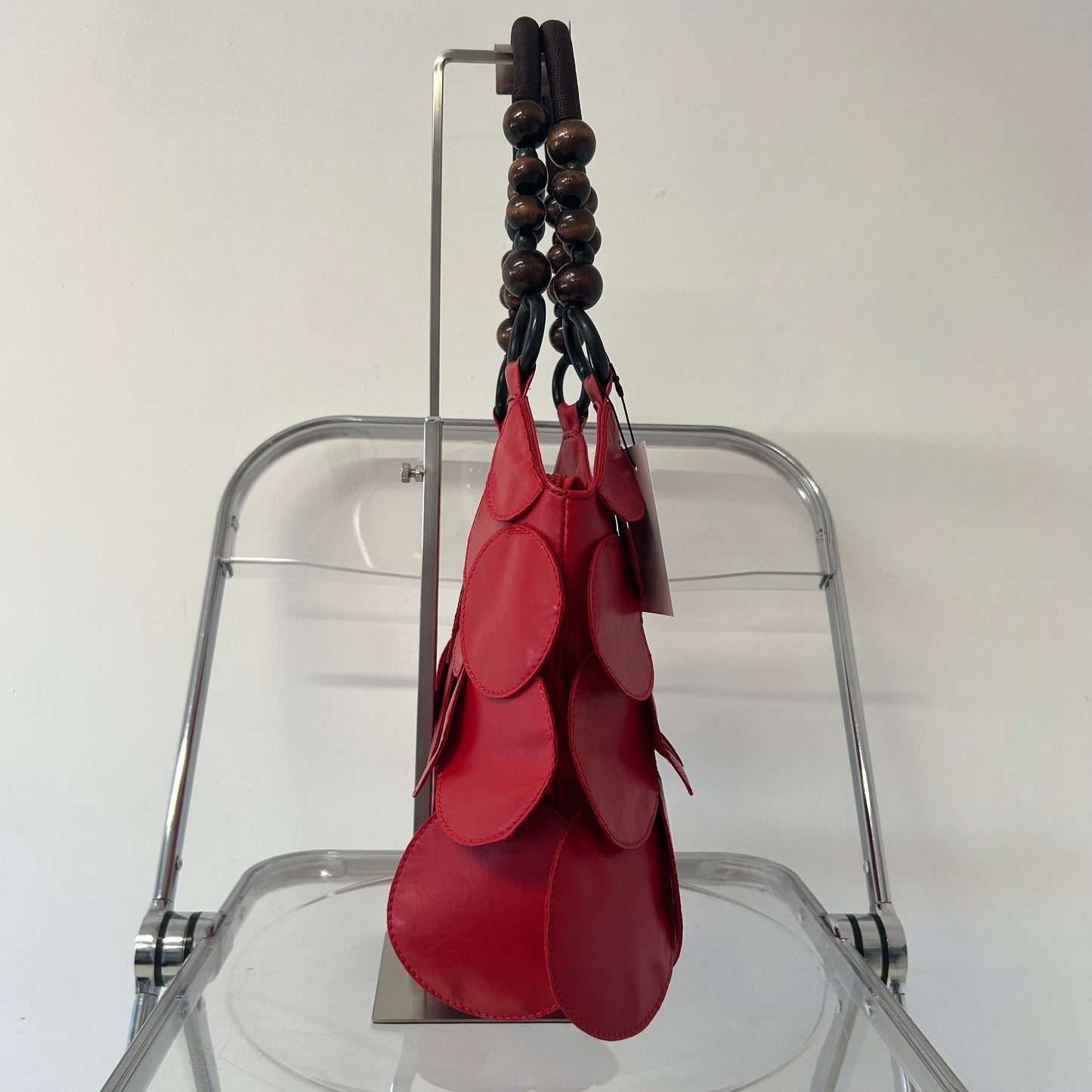 red faux leather disc beaded shoulder bag