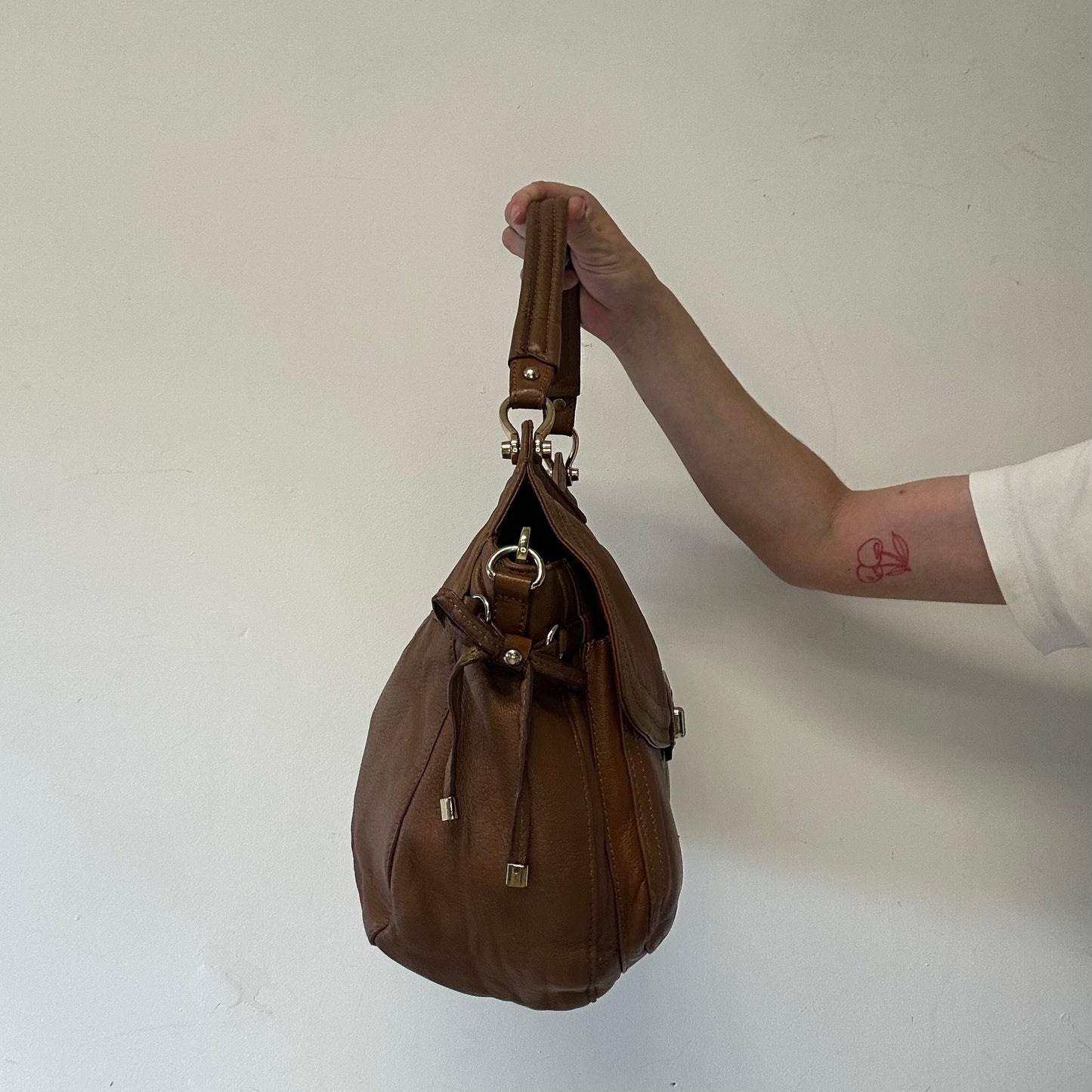 brown sheepskin genuine leather double pocket shoulder bag