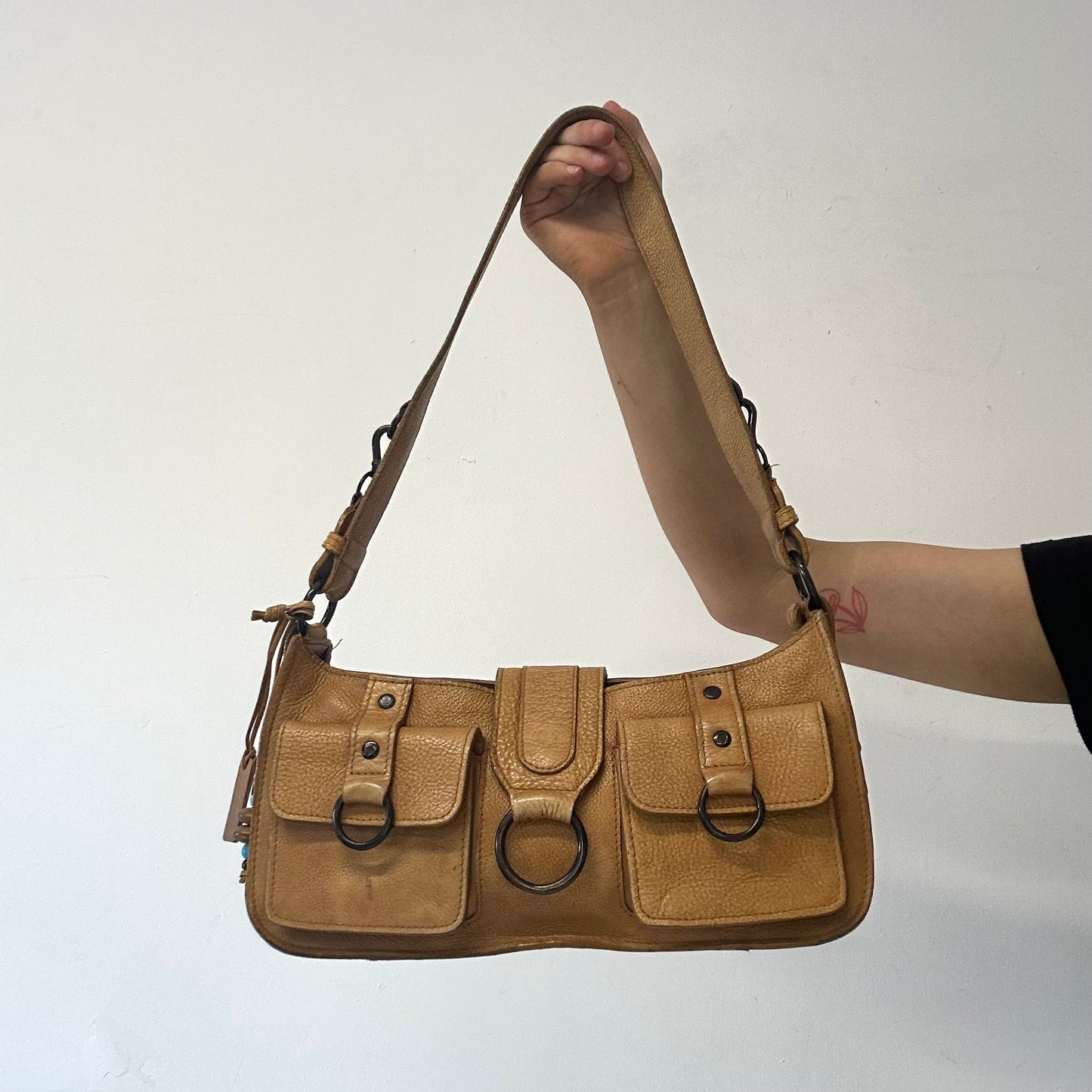 tanned genuine leather double pocket shoulder bag