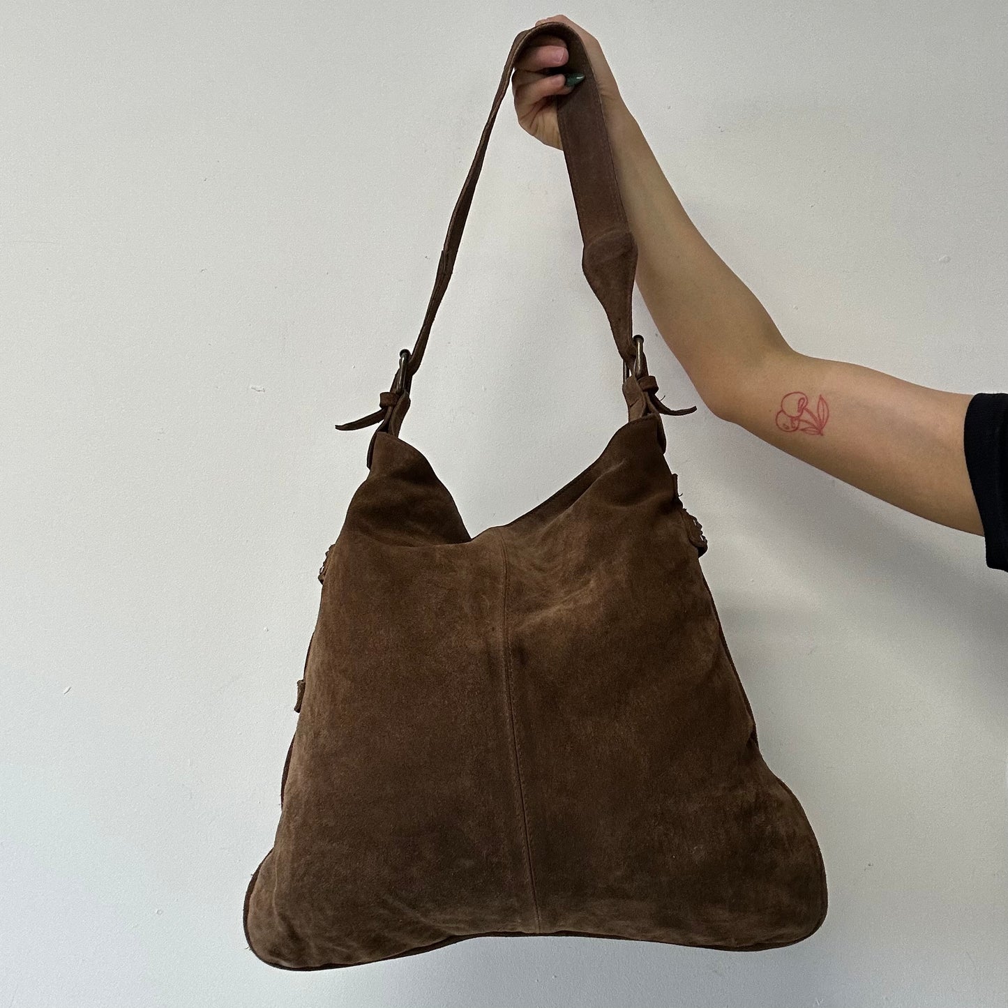 brown suede studded belt shoulder bag