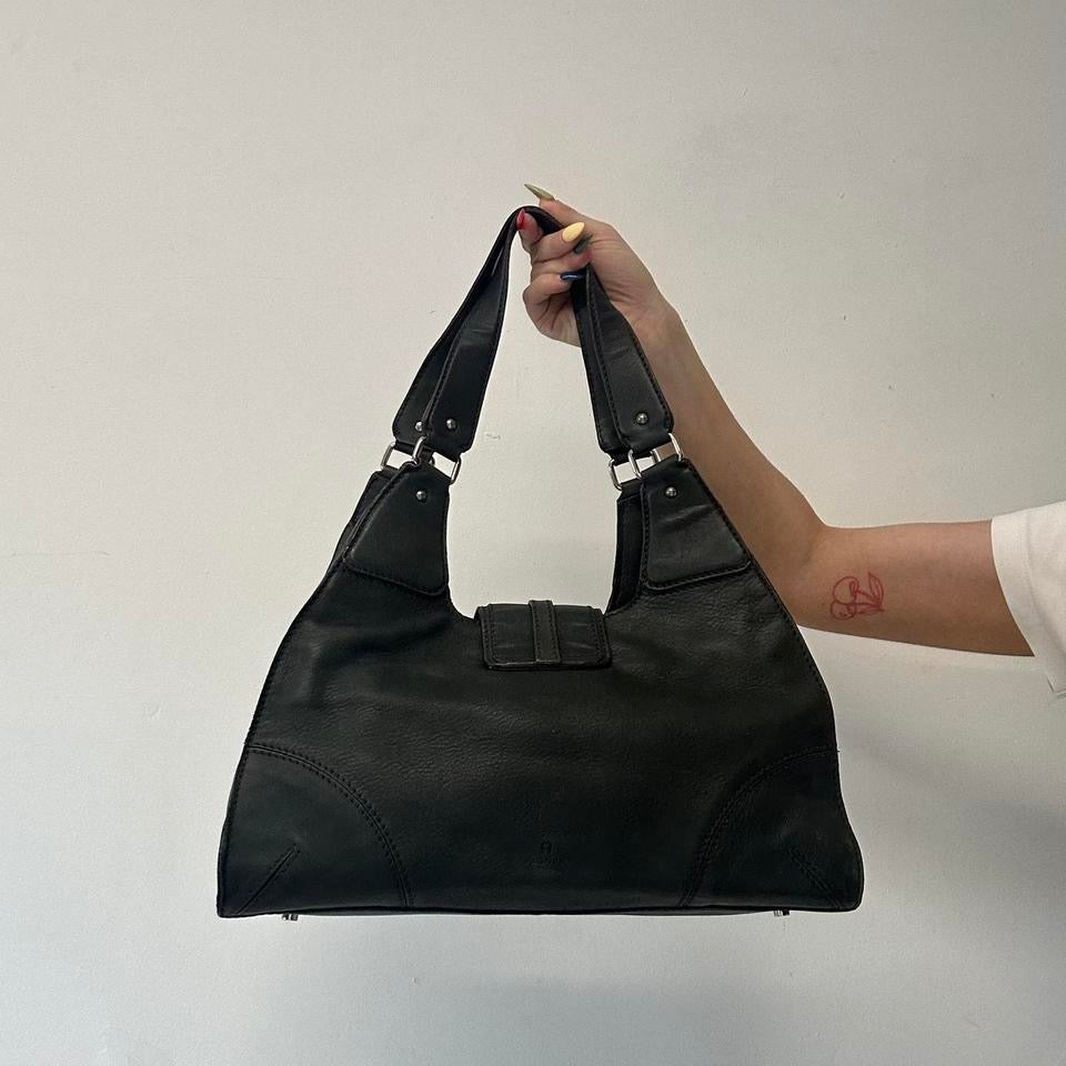 dark khaki leather buckle shoulder bag