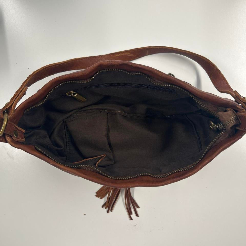 brown half crescent genuine leather shoulder bag
