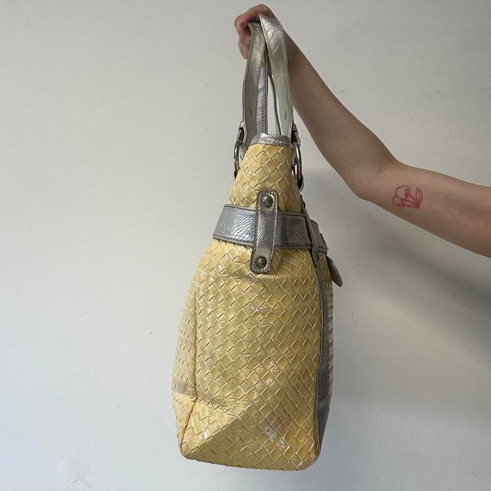 yellow and silver faux leather woven effect shoulder bag
