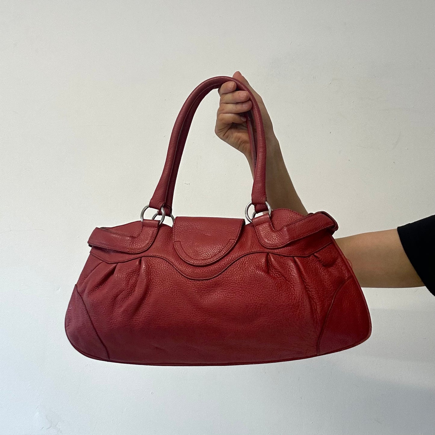 red genuine leather double buckle  shoulder bag