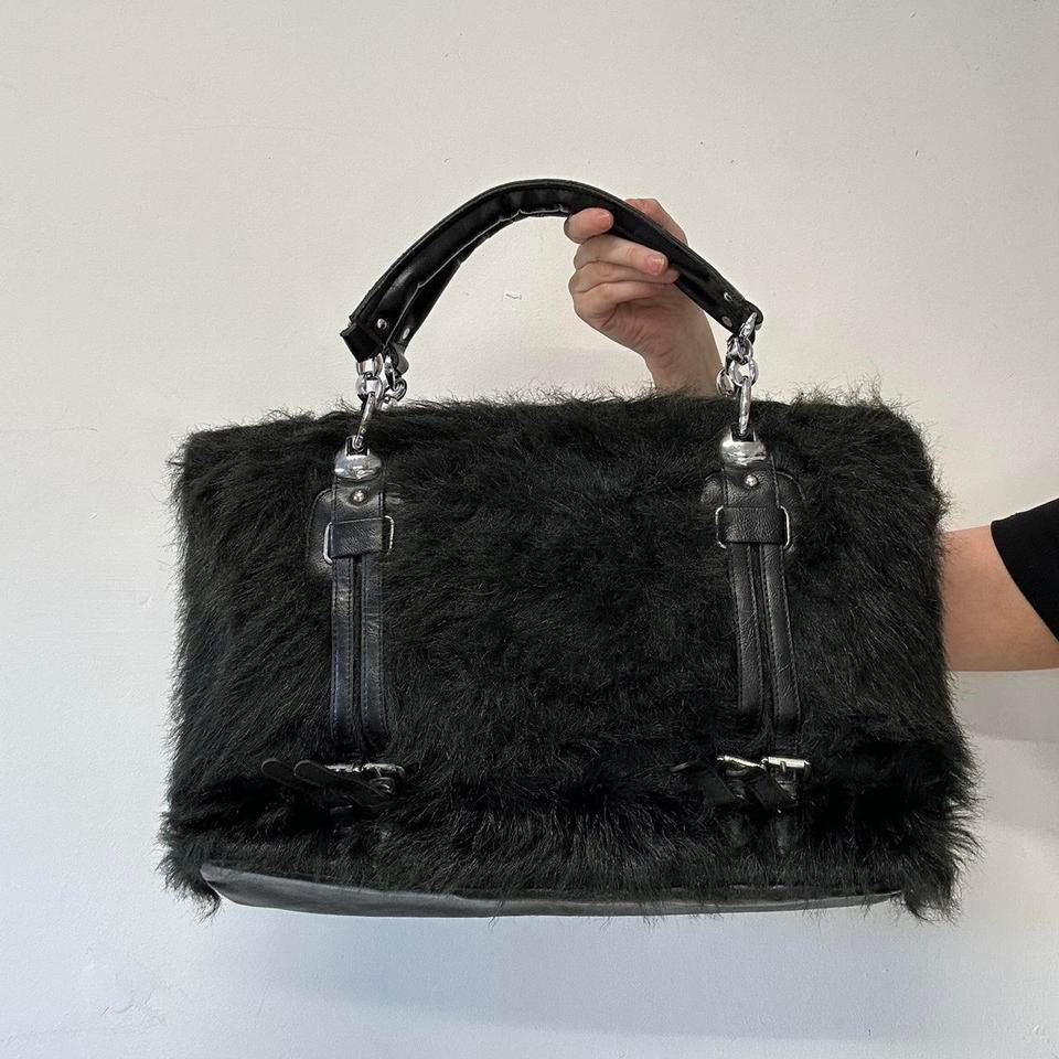black faux fur buckle handbag