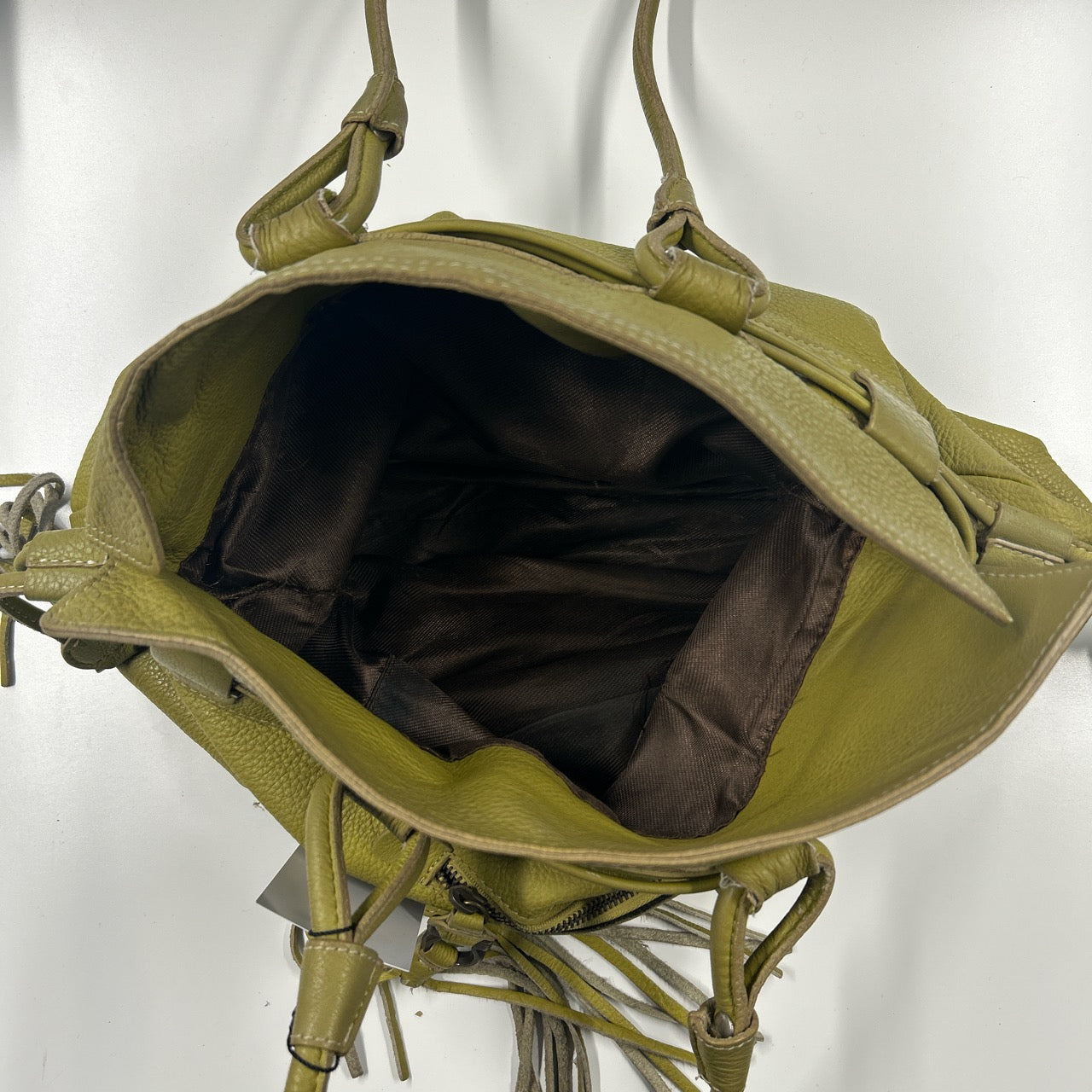 green leather double zip drawstring tote bag