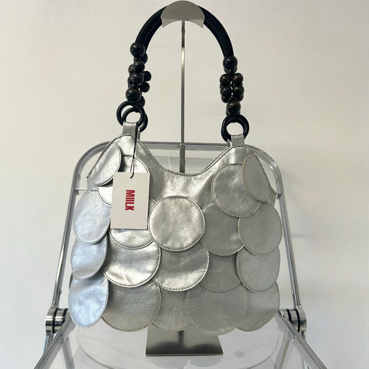 silver faux leather disc beaded shoulder bag