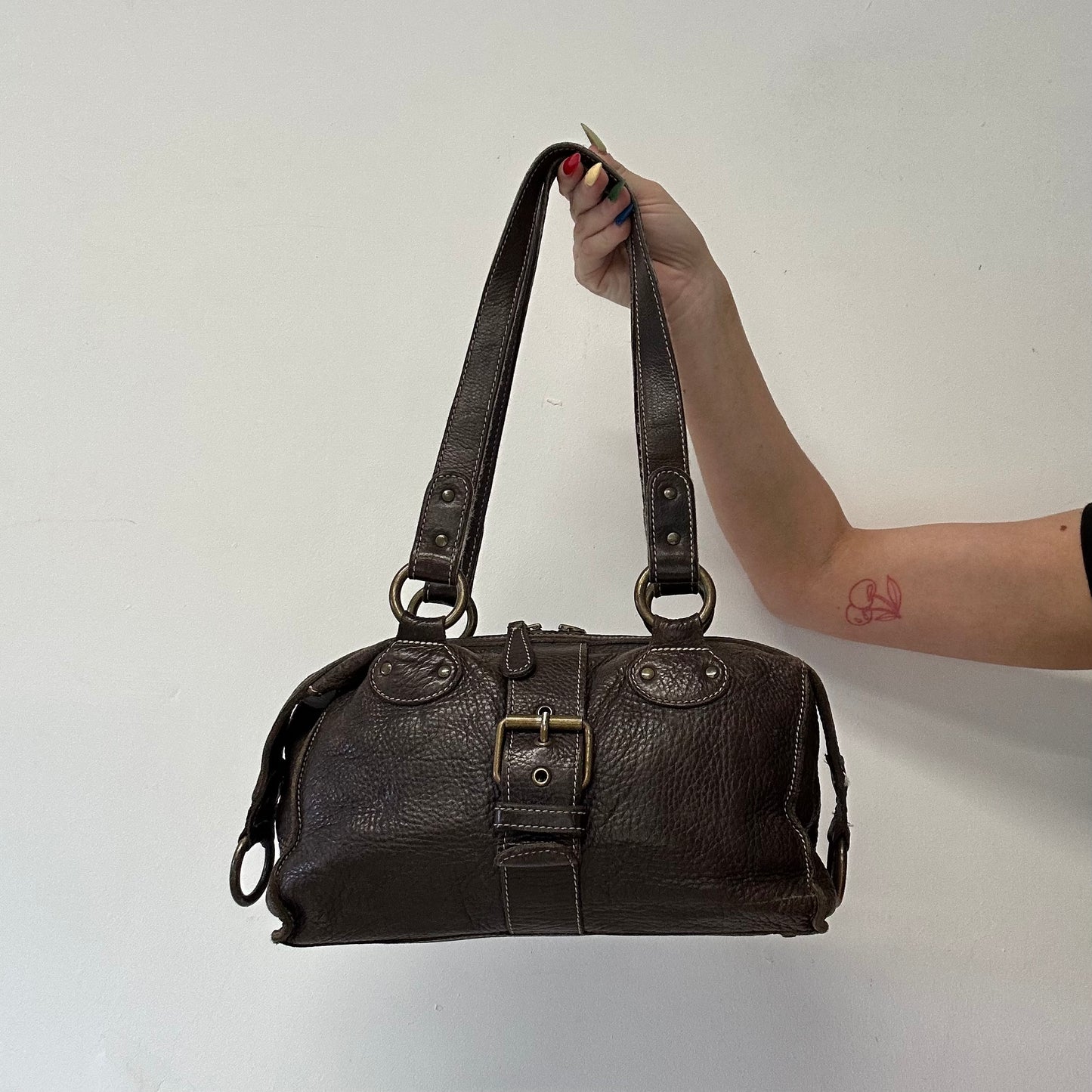 brown buckle leather shoulder bag