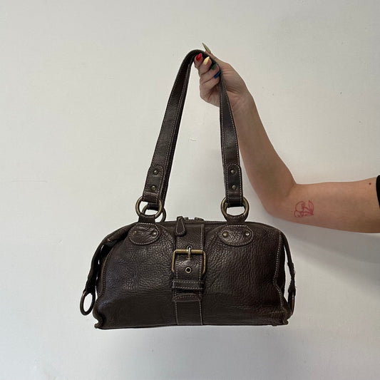 brown buckle leather shoulder bag