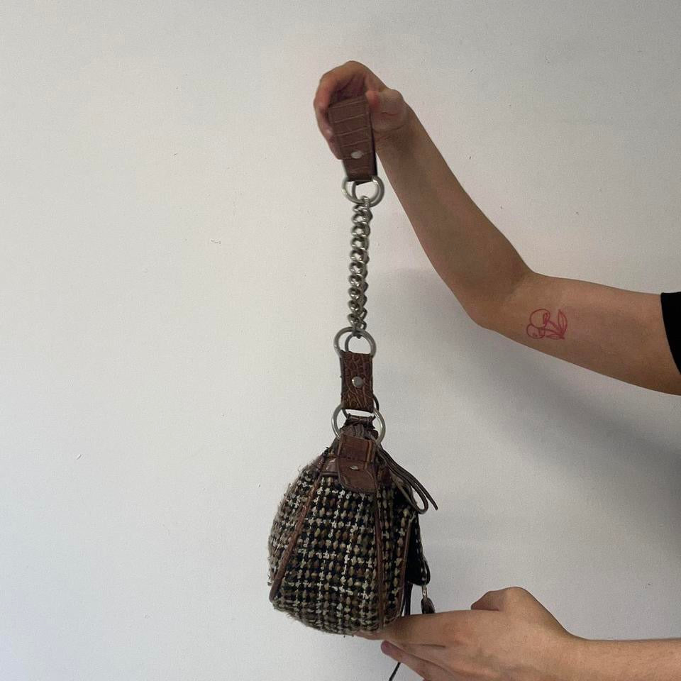 brown plaid double pocket shoulder bag