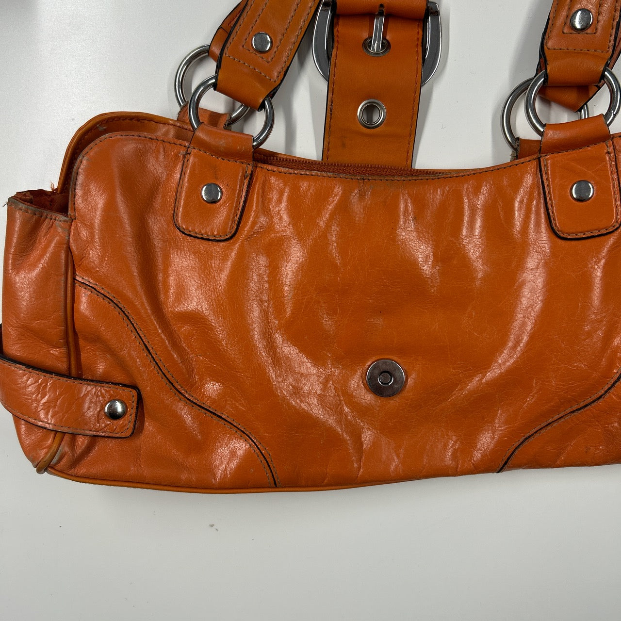 orange faux leather buckle shoulder bag