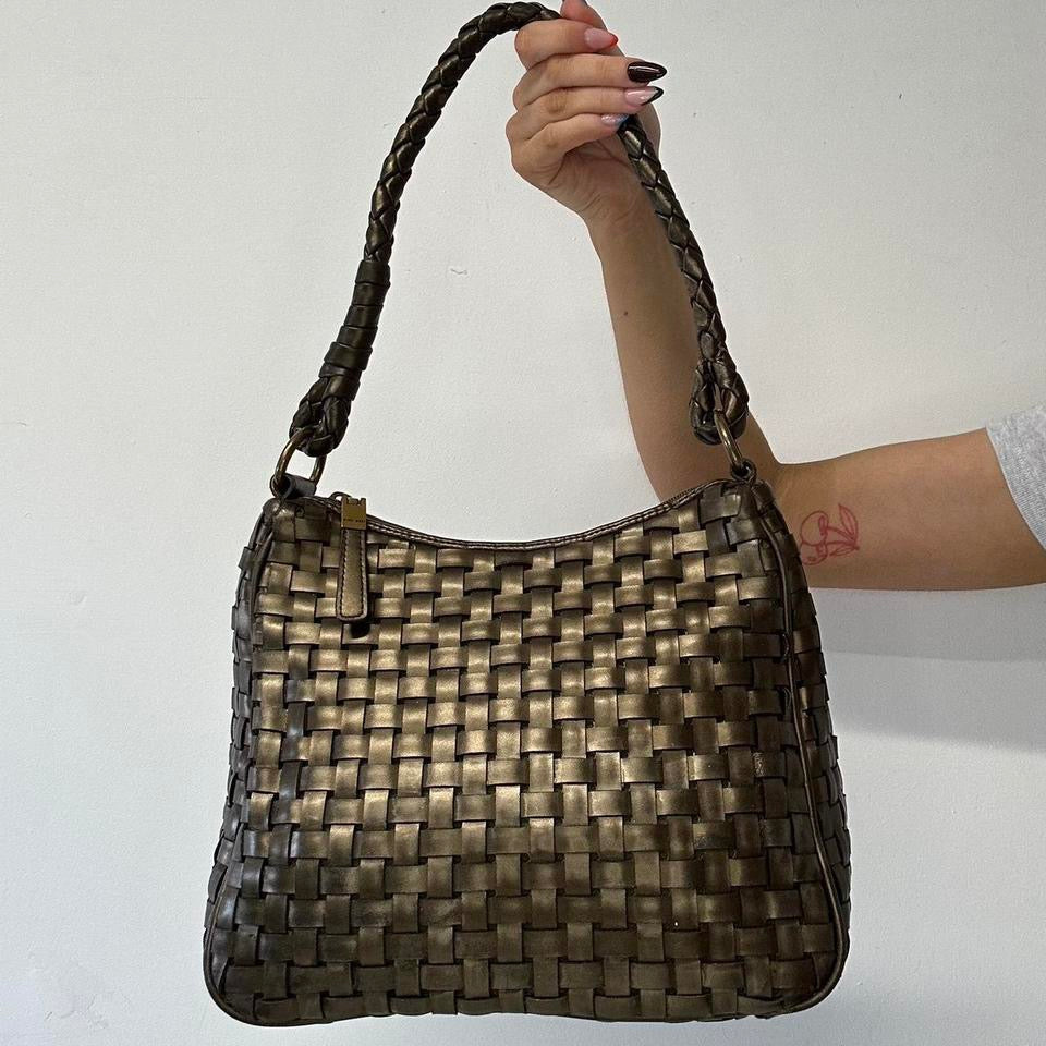 bronze faux leather woven shoulder bag
