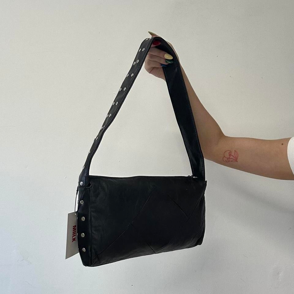 black faux leather studded shoulder bag
