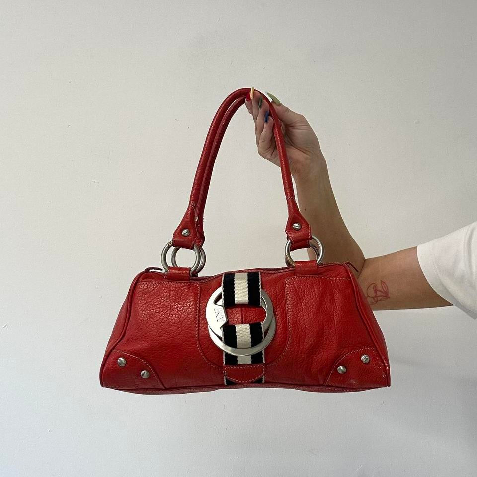 red genuine leather silver buckle  shoulder bag