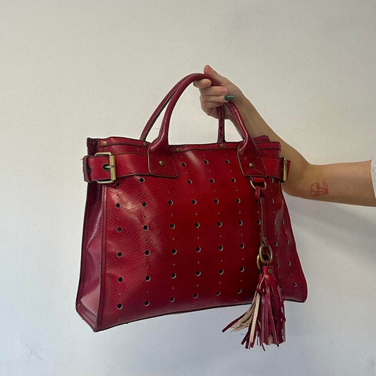 red faux leather studded buckle shoulder bag