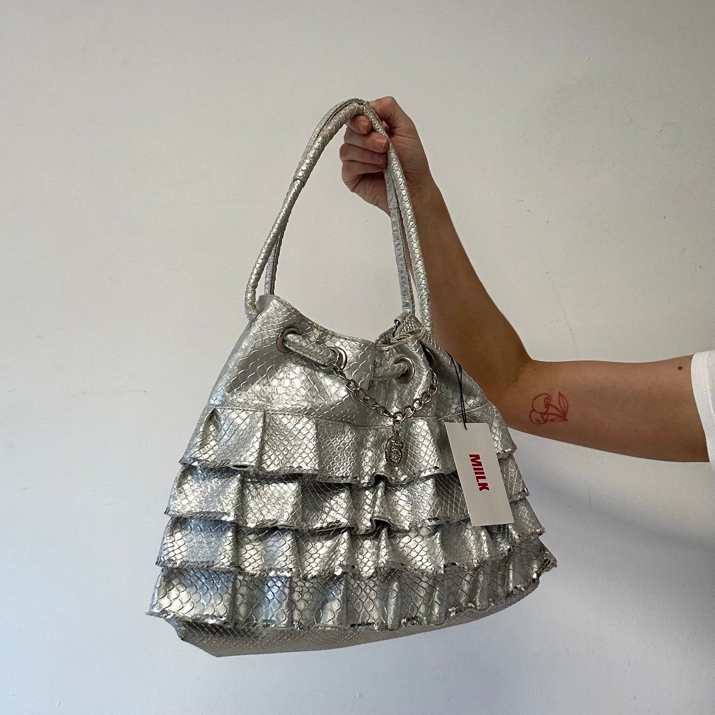 silver croc effect ruffled faux leather shoulder bag