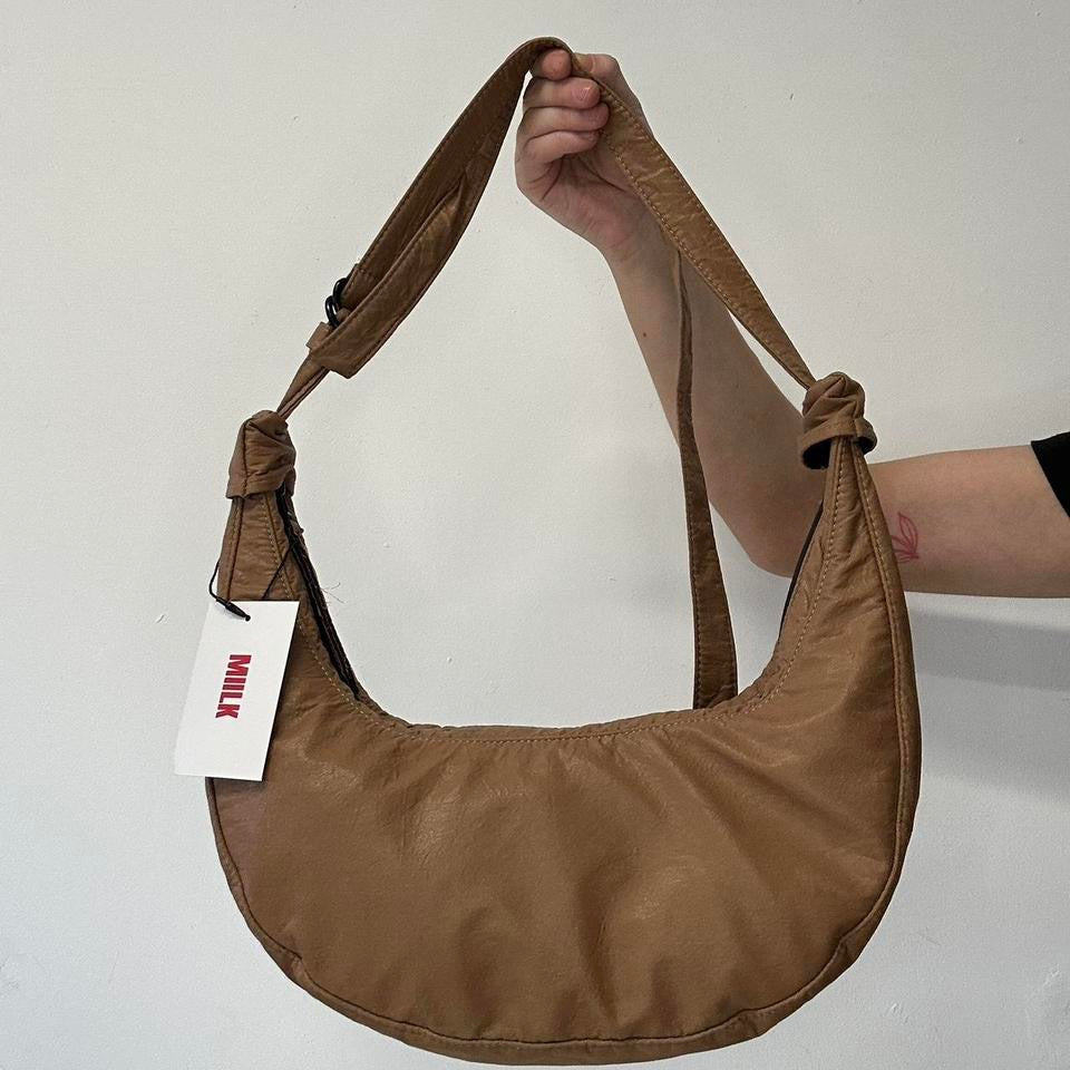 brown crescent adjustable strap shoulder  bag