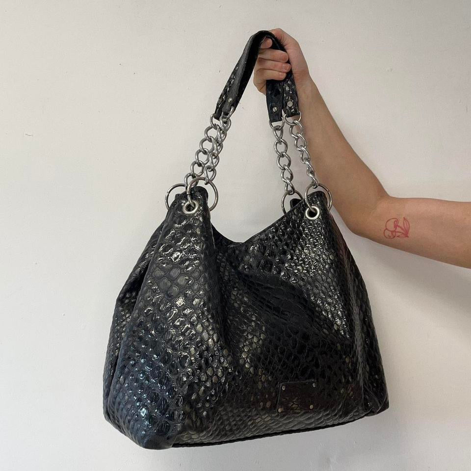 black faux leather croc effect shoulder bag