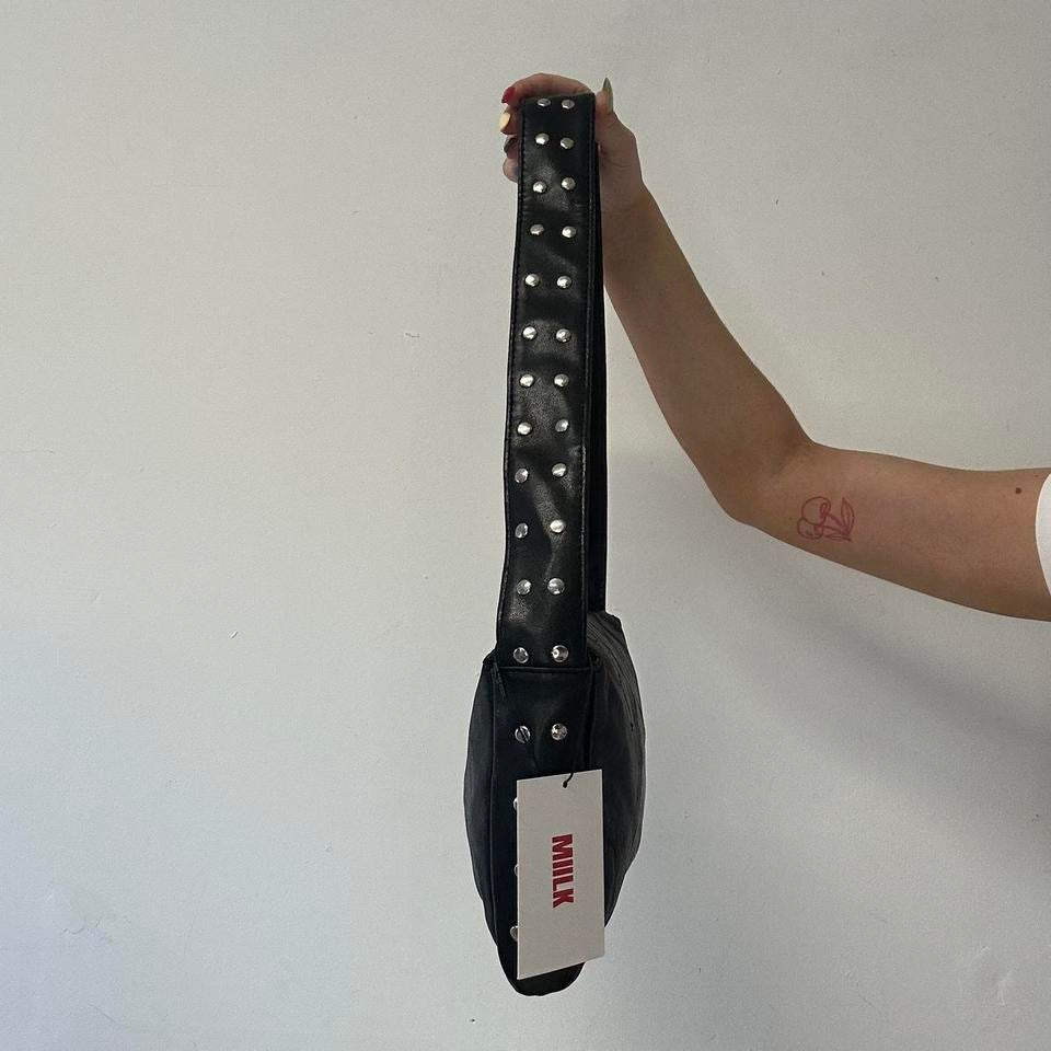 black faux leather studded shoulder bag