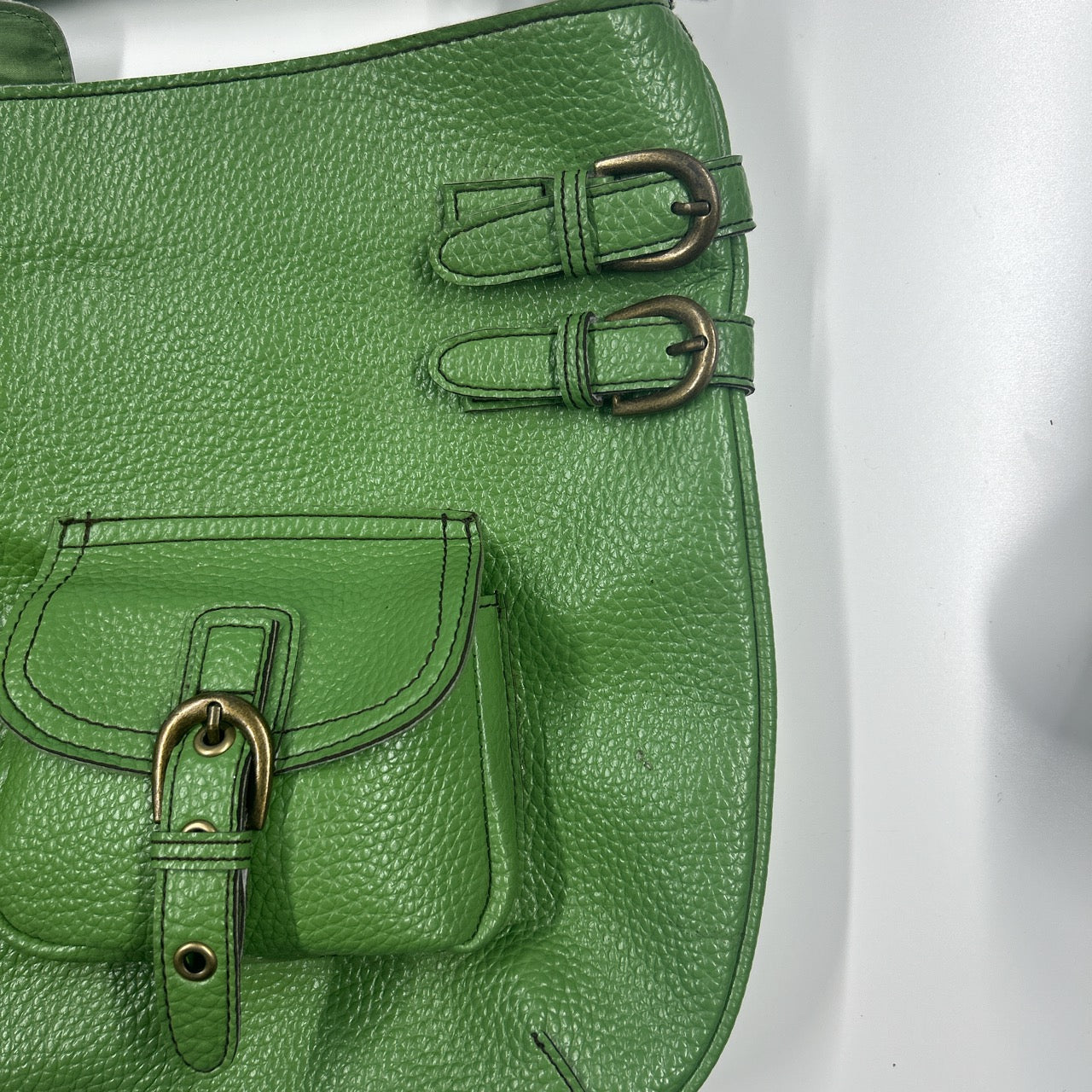green double buckle faux leather shoulder bag