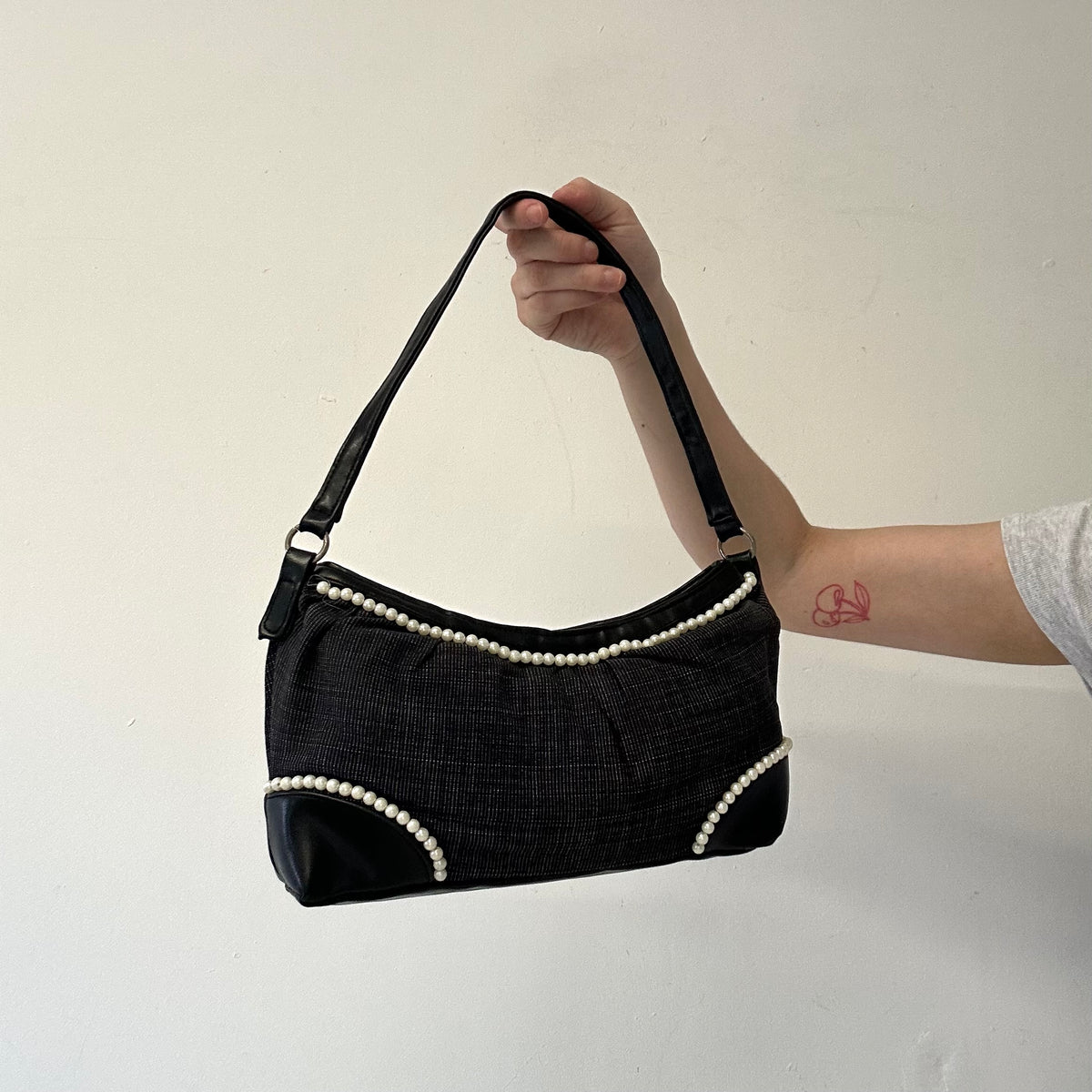 black pearl beads faux leather shoulder bag