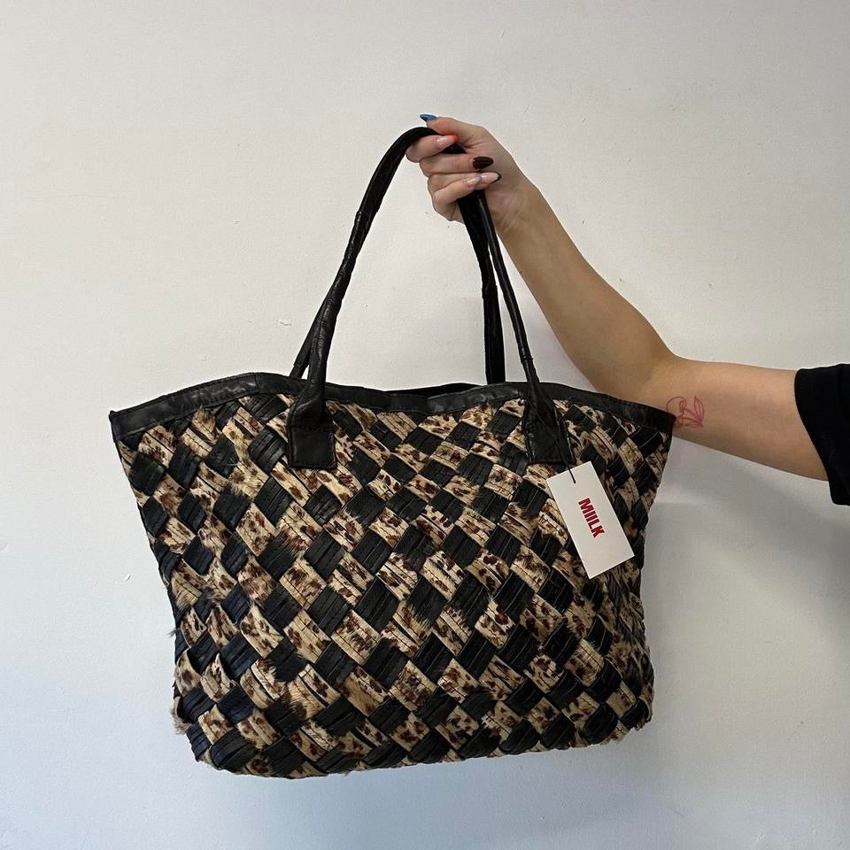 leopard print and black woven leather shoulder bag