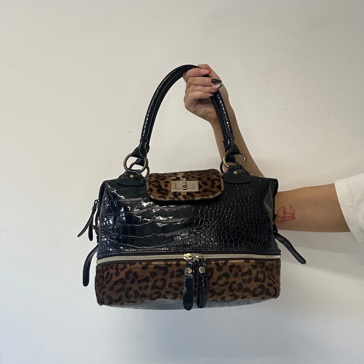 black croc effect and leopard print shoulder bag