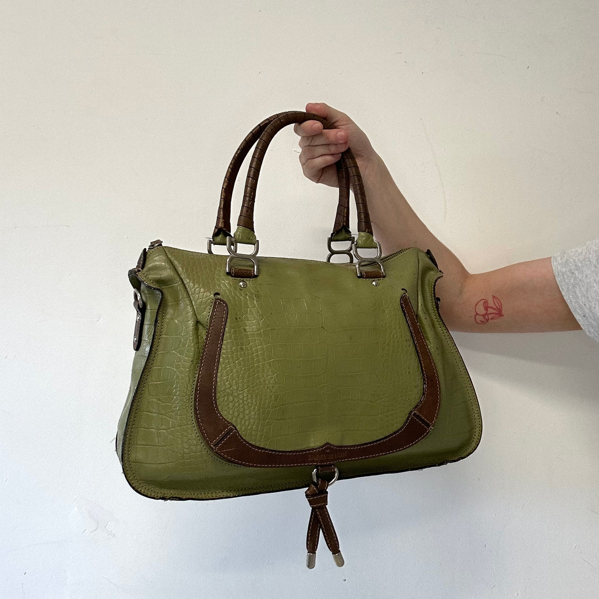 green croc effect genuine leather shoulder bag