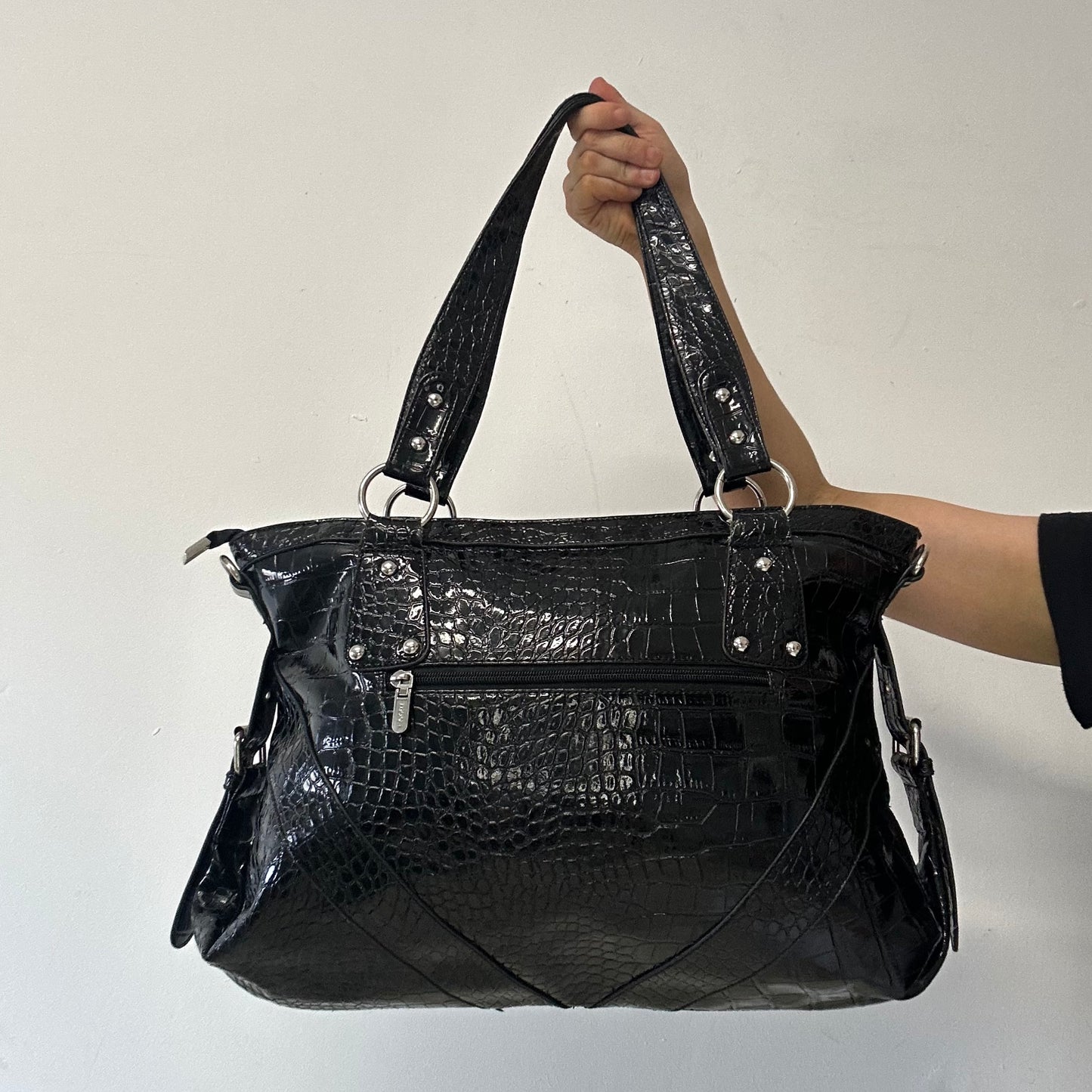 black double zip croc effect faux leather shoulder bag