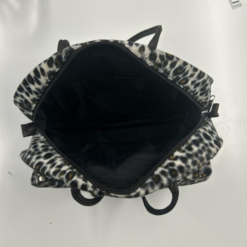 leopard print fleece studded shoulder bag