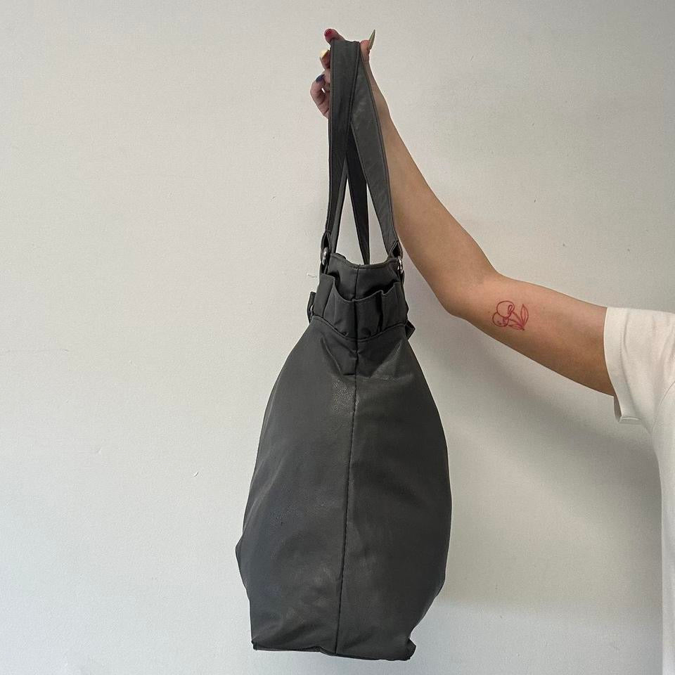 grey faux leather ruffled shoulder bag