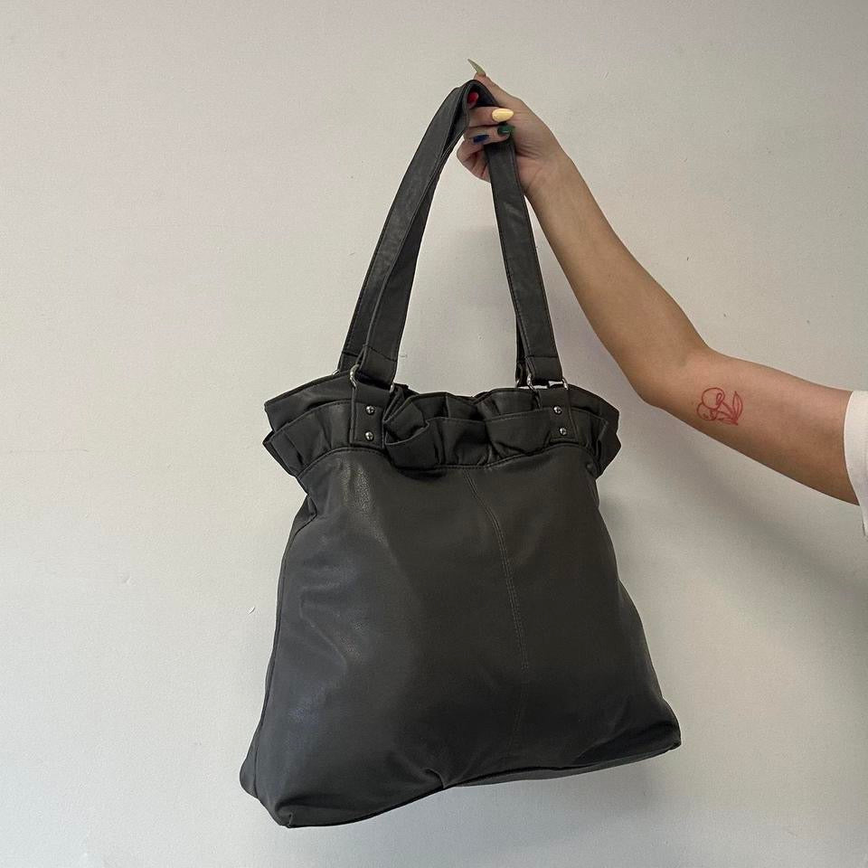 grey faux leather ruffled shoulder bag