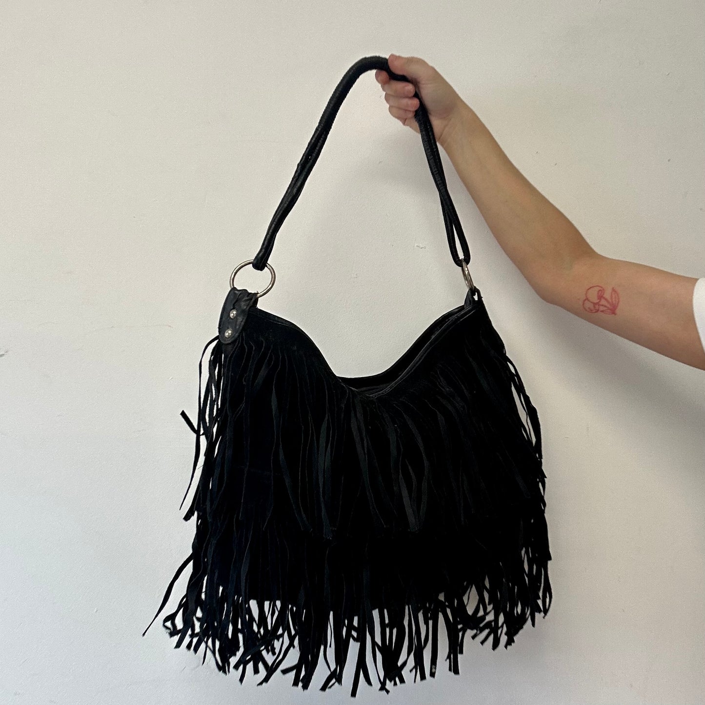 black faux leather fringe tassle shoulder bag
