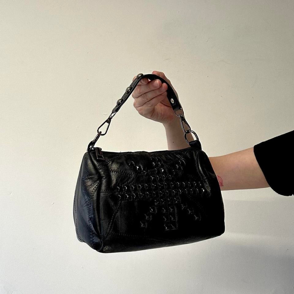 black studded faux leather mini hand bag