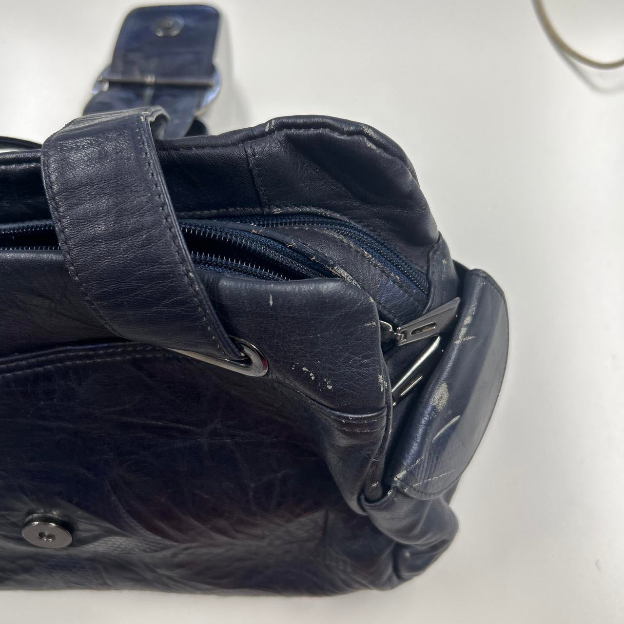 navy blue faux leather oversized buckle shoulder bag