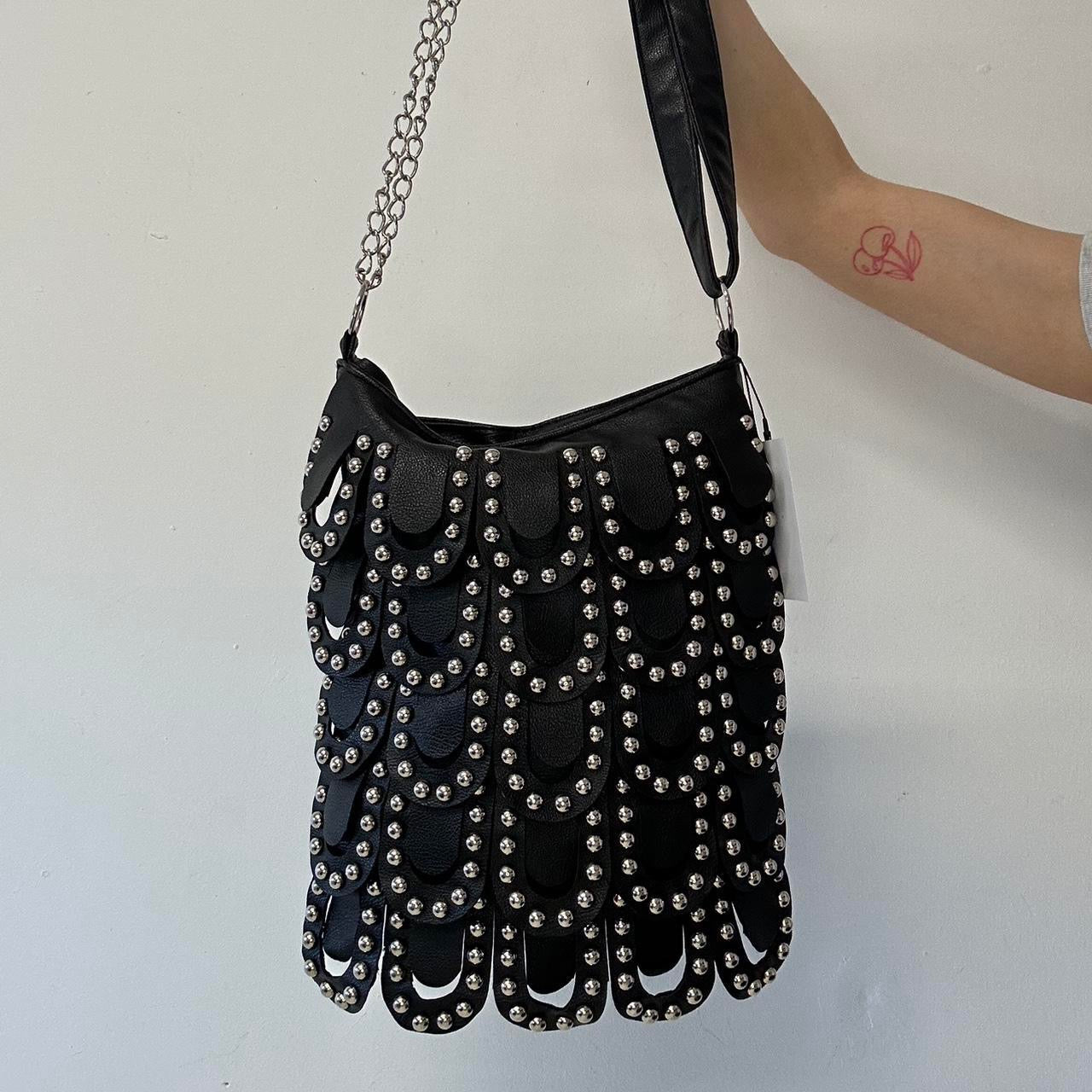 black faux leather studded layered shoulder bag