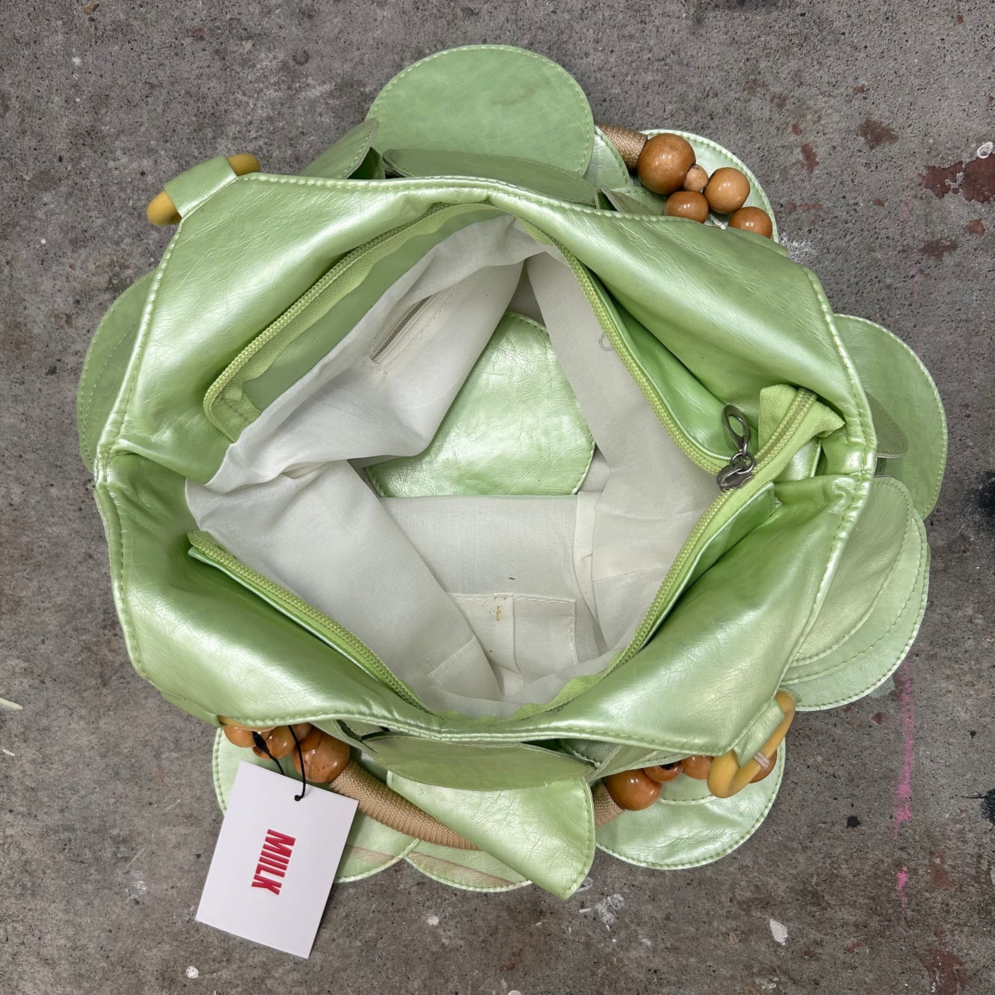 mint green faux leather disc beaded shoulder bag