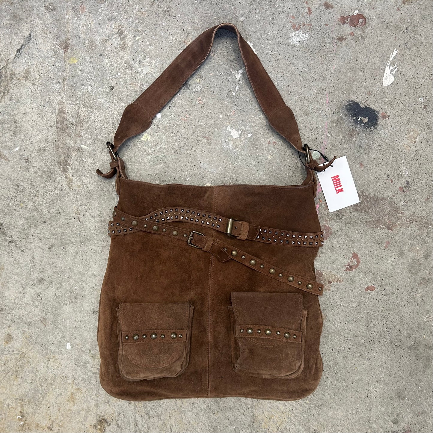 brown suede studded belt shoulder bag