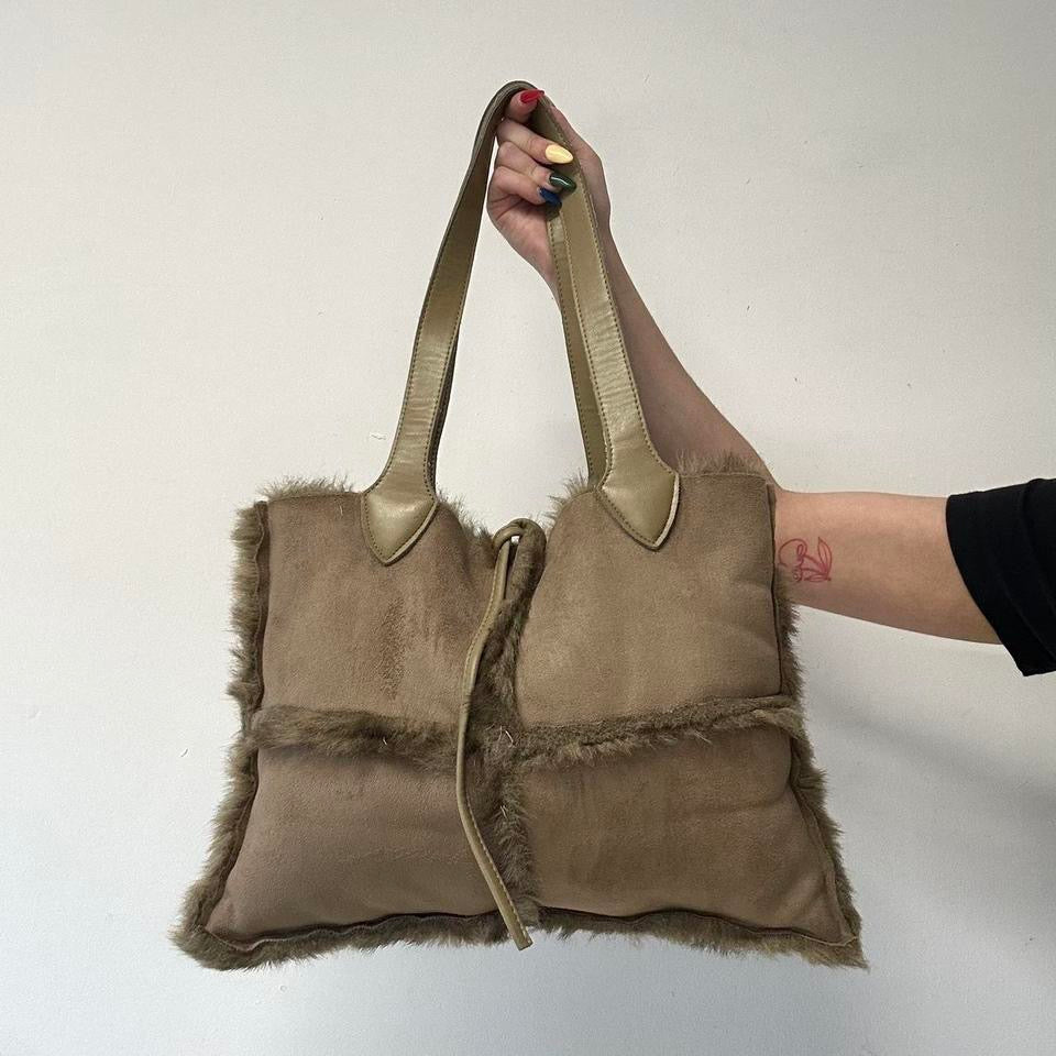 tanned faux fur shoulder bag
