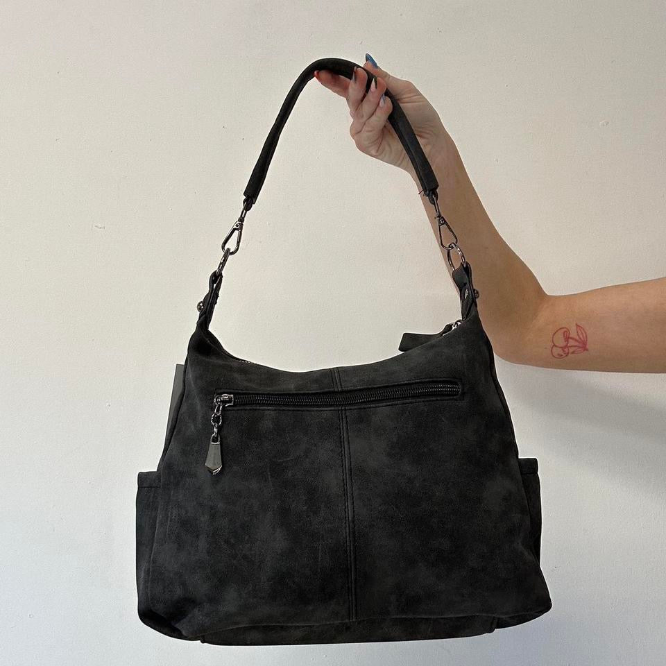 black faux leather double zip shoulder bag