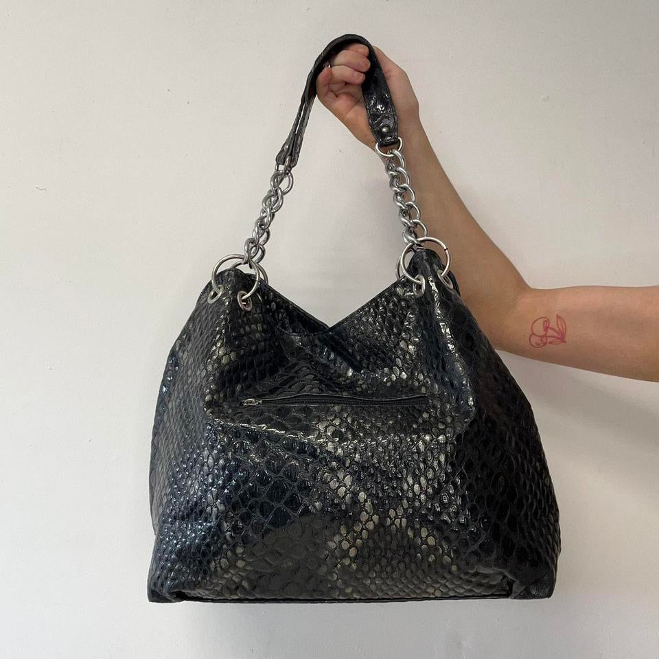 black faux leather croc effect shoulder bag