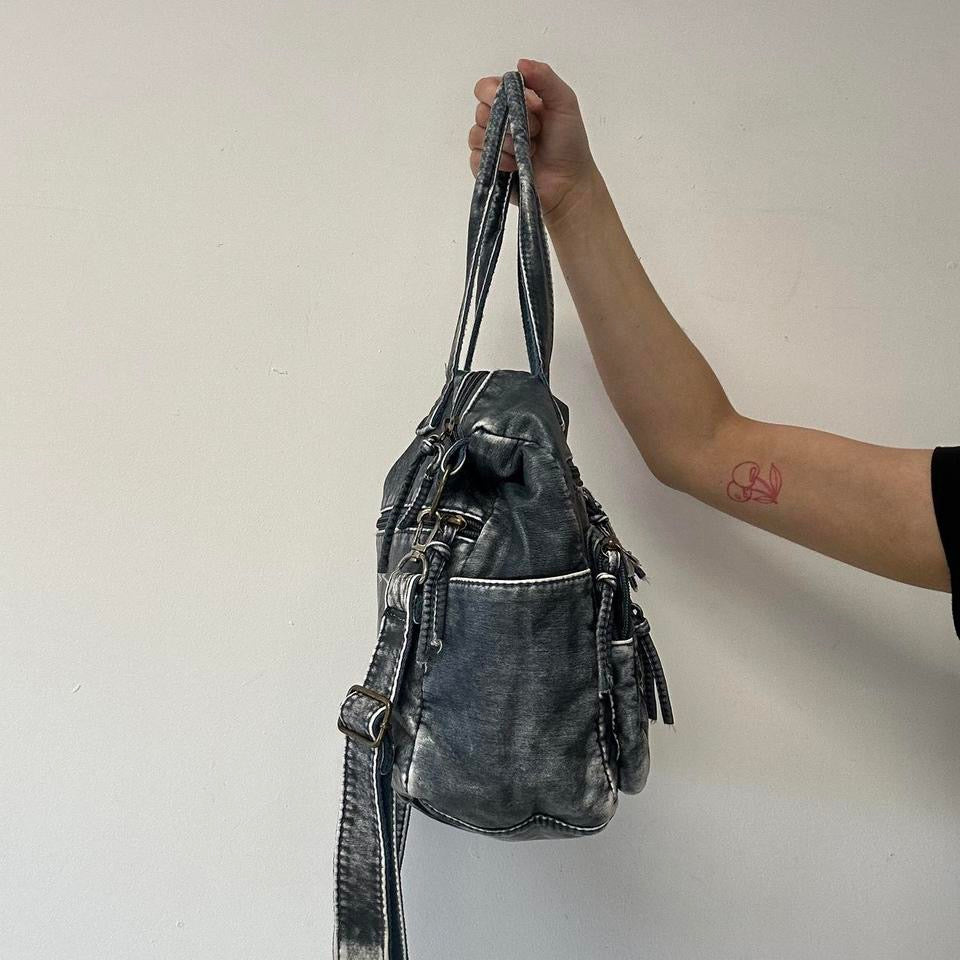 blue acid wash studded faux leather shoulder bag