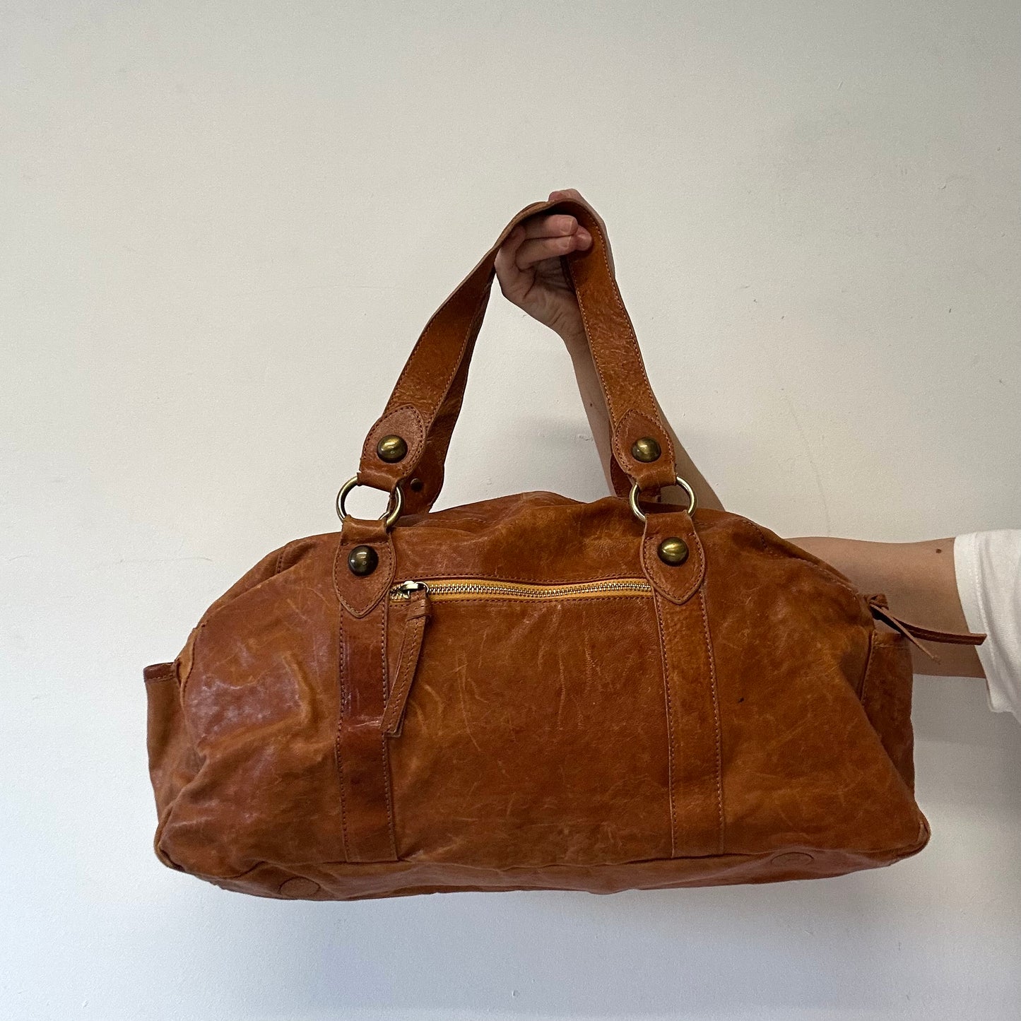 tanned brown large blue genuine leather shoulder bag