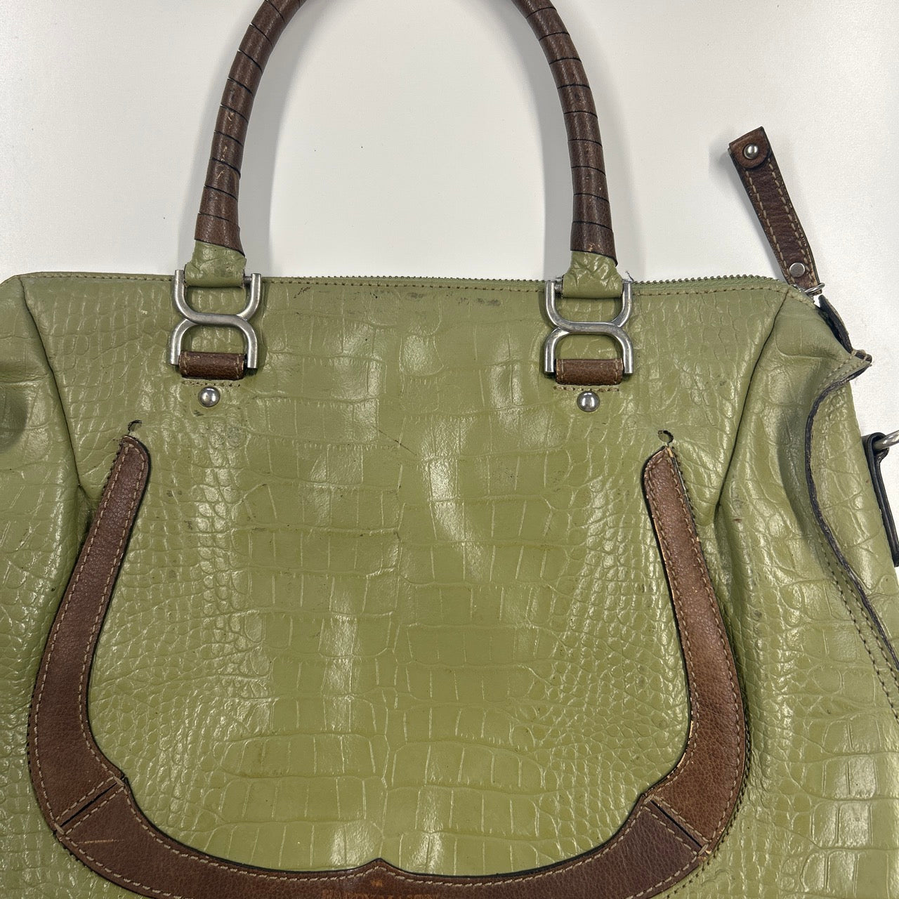 green croc effect genuine leather shoulder bag