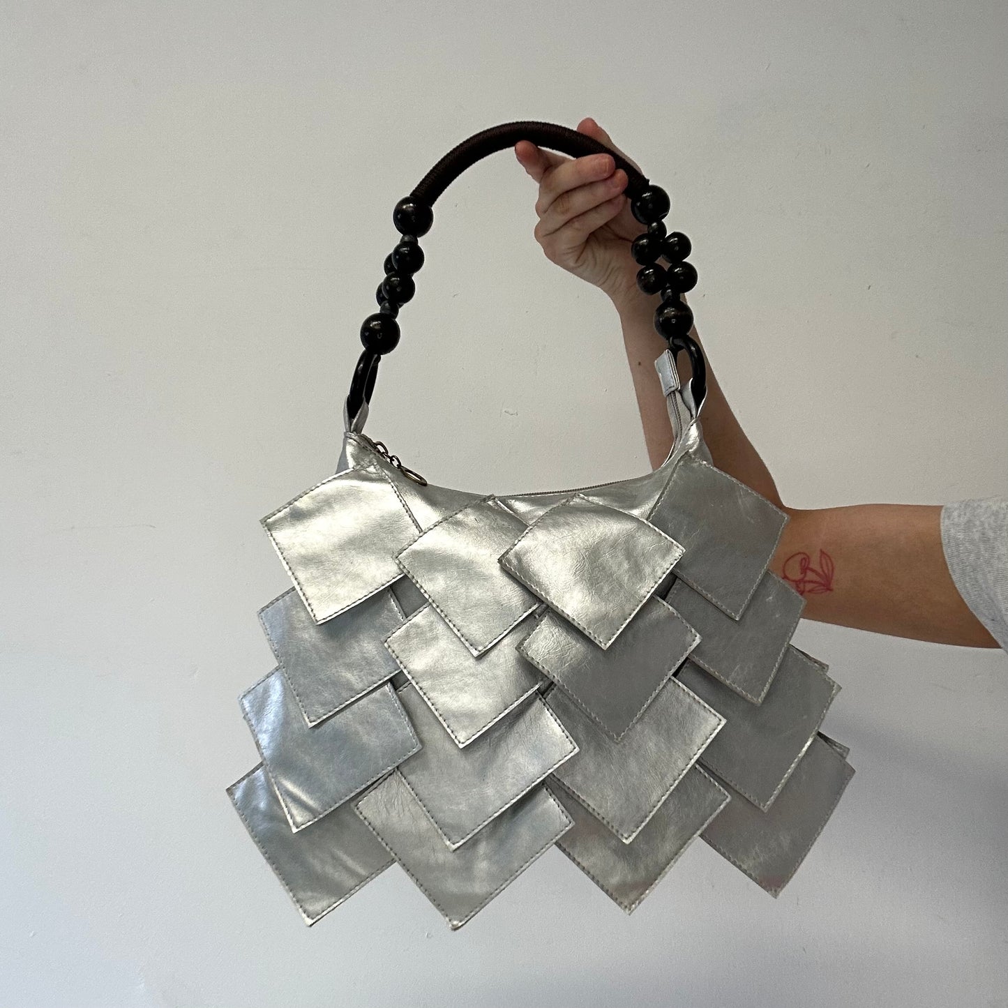 silver faux leather square beaded shoulder bag