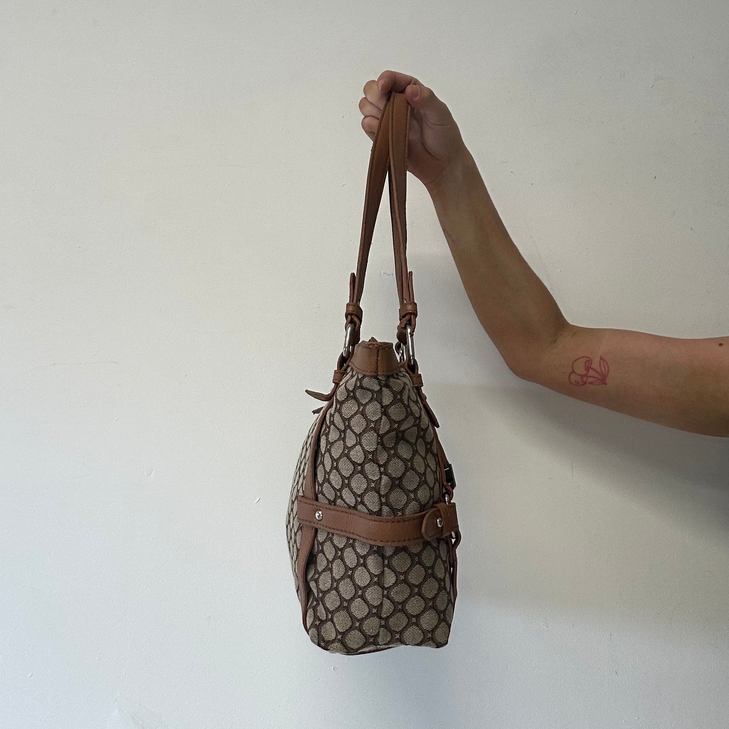 brown canvas monogram faux leather shoulder bag