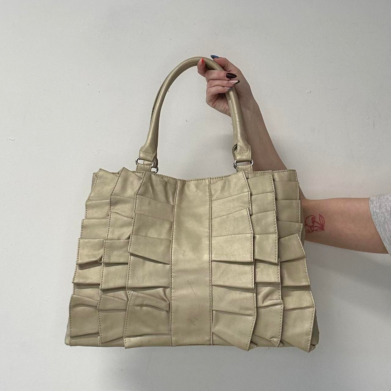 cream metallic pleated ruffled shoulder bag