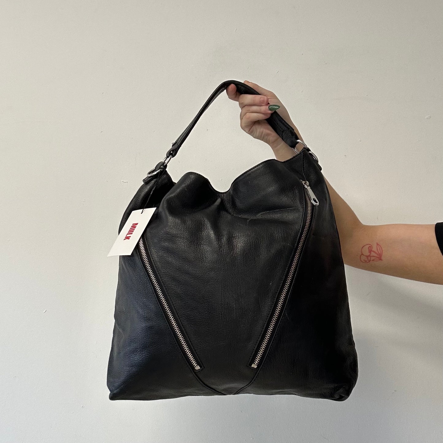 black genuine leather double zip shoulder bag